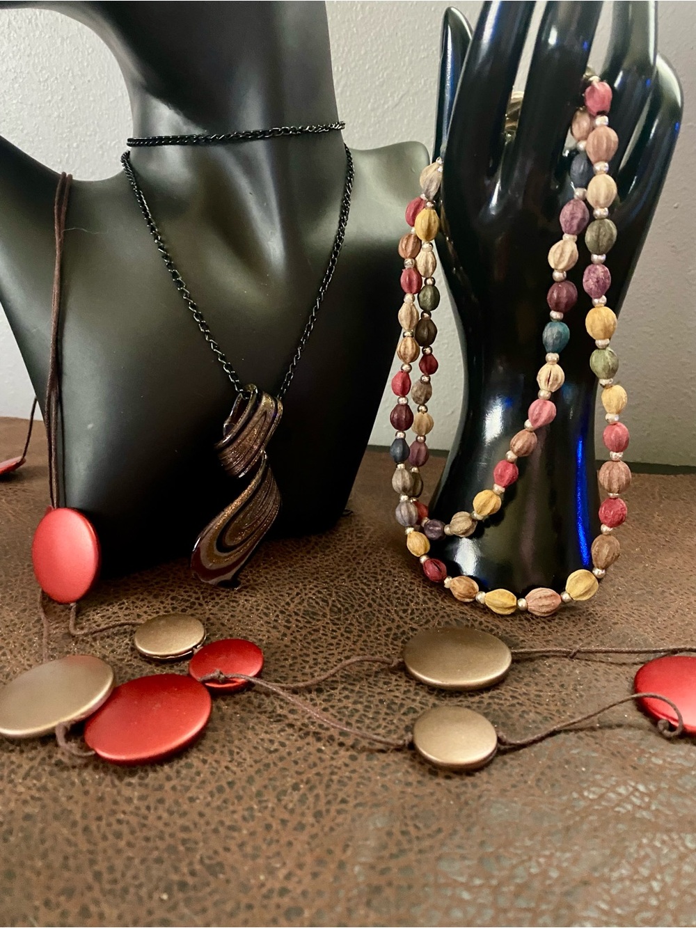 Glass Bronze Pendant, Multicolor Bead Strand & Red & Bronze Boho Necklaces